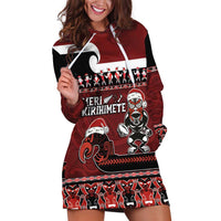 New Zealand Christmas Hoodie Dress Meri Kirihimete Aotearoa Warrior on Waka with Maori Art Tattoo LT03 Red - Polynesian Pride
