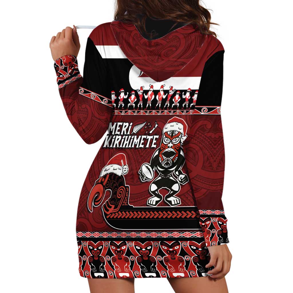 New Zealand Christmas Hoodie Dress Meri Kirihimete Aotearoa Warrior on Waka with Maori Art Tattoo LT03 - Polynesian Pride