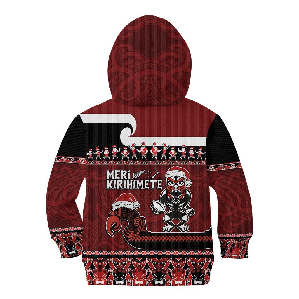 New Zealand Christmas Kid Hoodie Meri Kirihimete Aotearoa Warrior on Waka with Maori Art Tattoo LT03 - Polynesian Pride