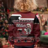 New Zealand Christmas Kid Ugly Christmas Sweater - Meri Kirihimete Aotearoa Warrior on Waka with Maori Art Tattoo LT03 - Polynesian Pride