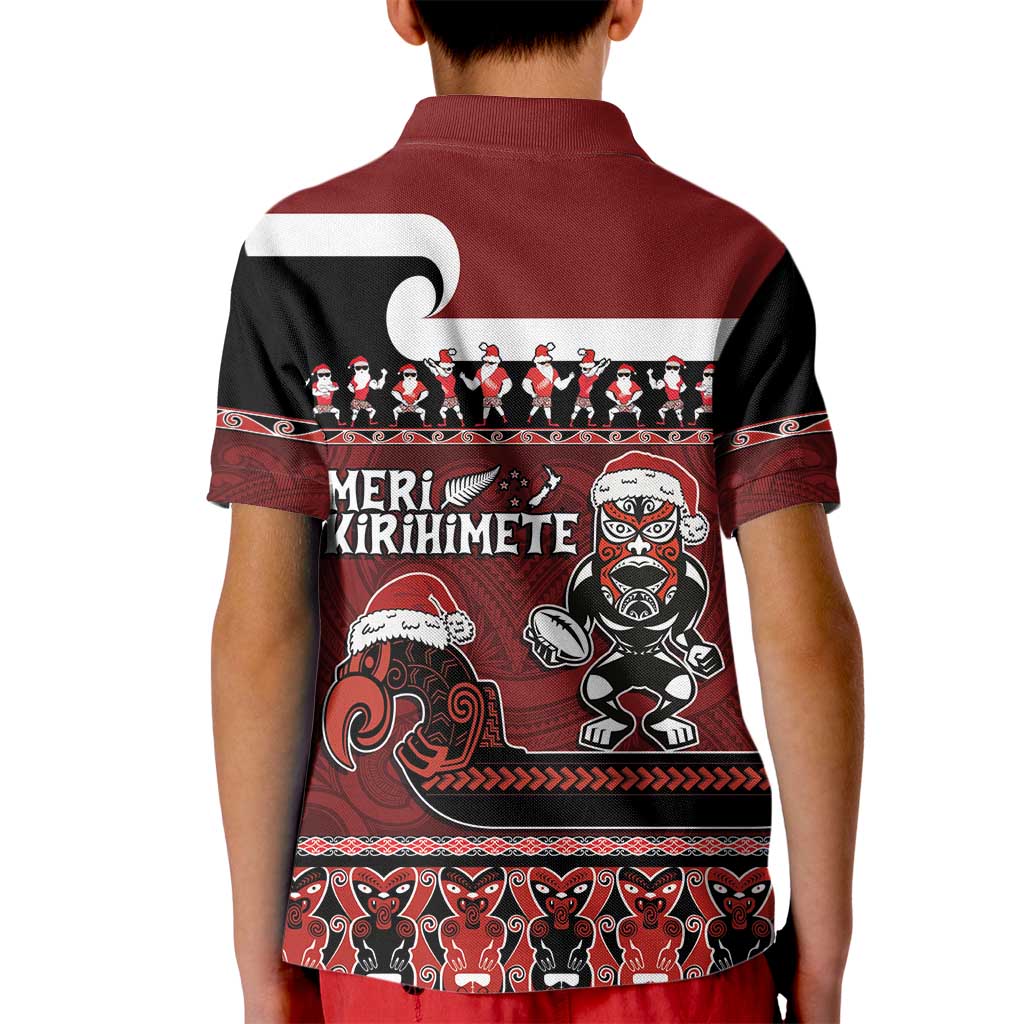 New Zealand Christmas Kid Polo Shirt Meri Kirihimete Aotearoa Warrior on Waka with Maori Art Tattoo LT03 - Polynesian Pride