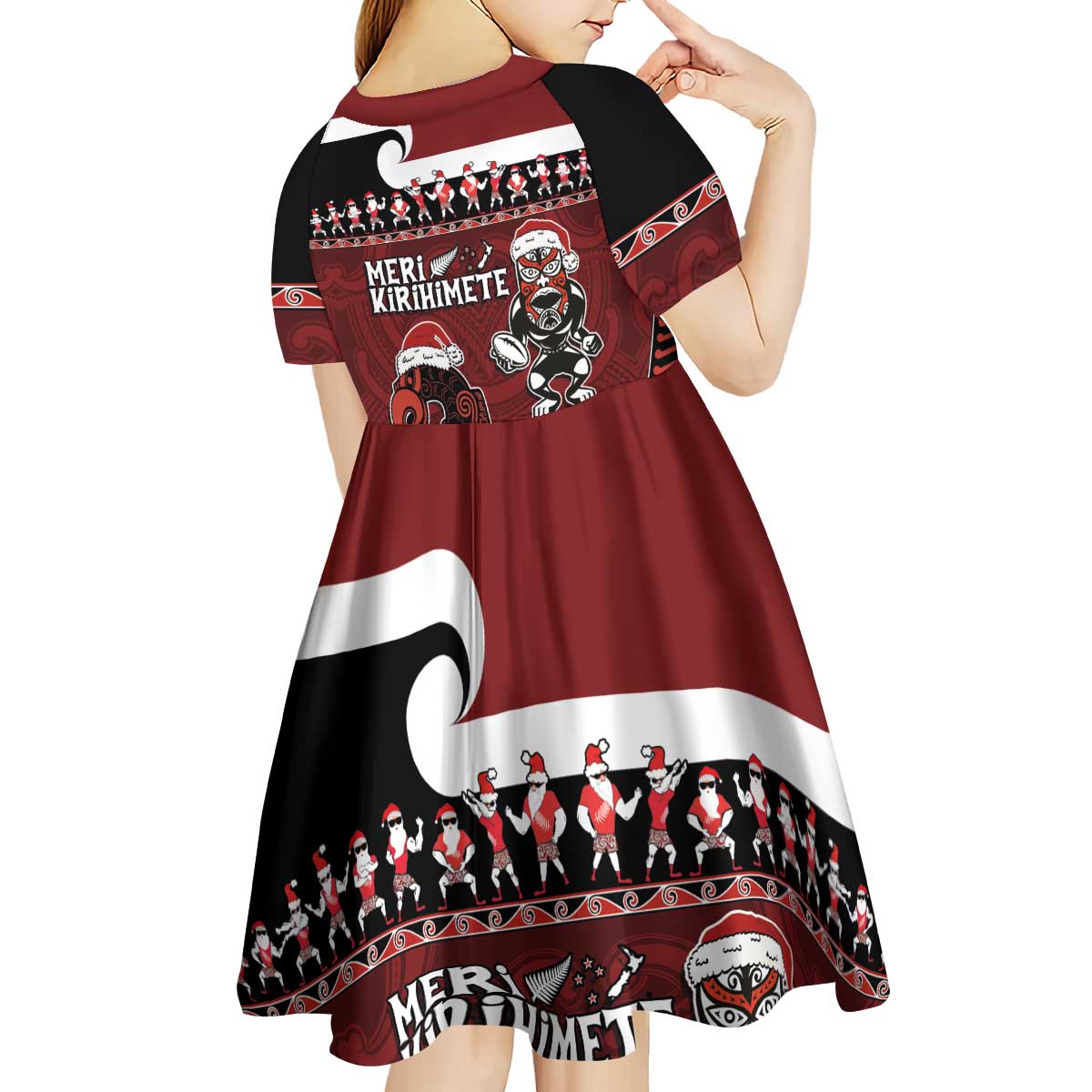 New Zealand Christmas Kid Short Sleeve Dress Meri Kirihimete Aotearoa Warrior on Waka with Maori Art Tattoo LT03 - Polynesian Pride