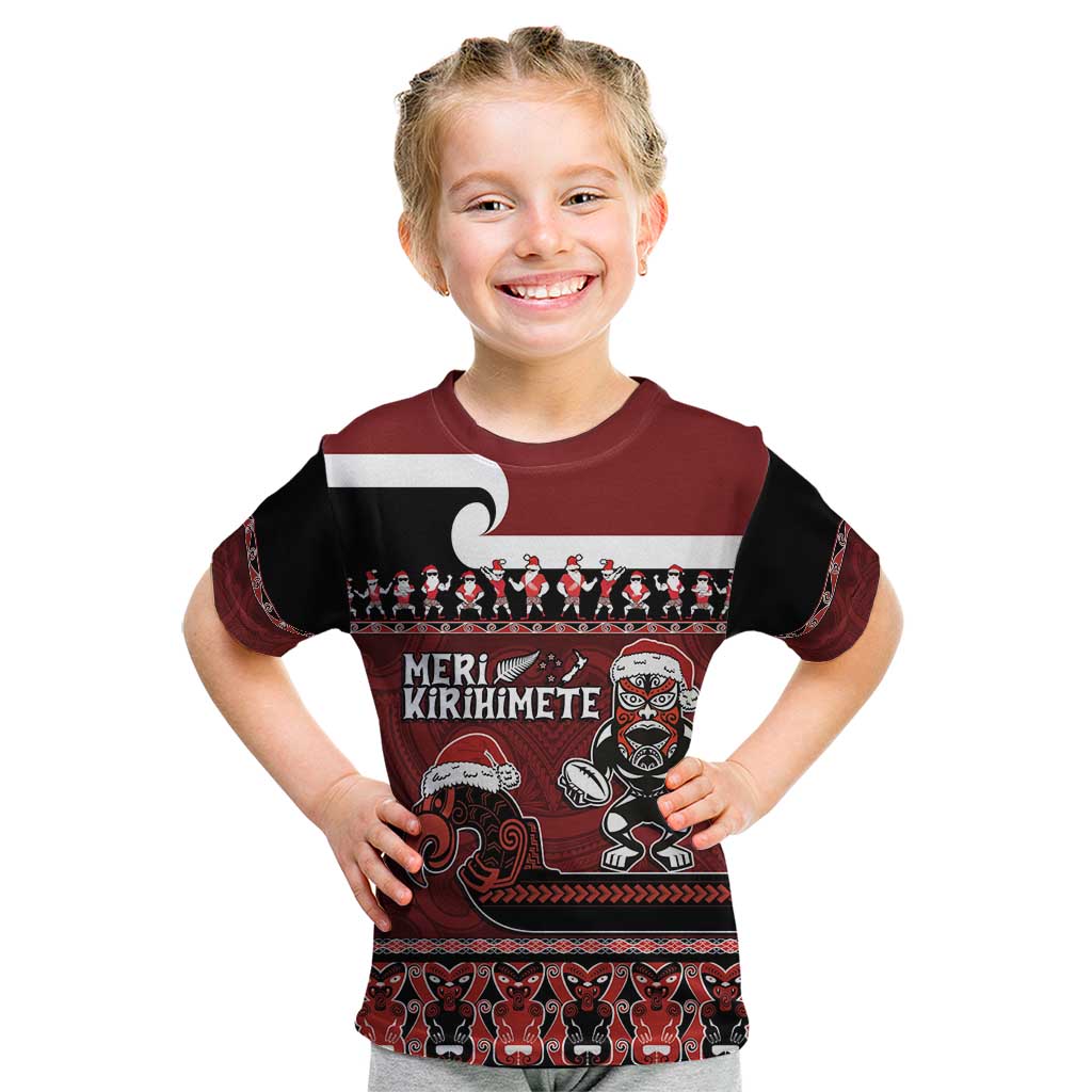 New Zealand Christmas Kid T Shirt Meri Kirihimete Aotearoa Warrior on Waka with Maori Art Tattoo LT03 Red - Polynesian Pride