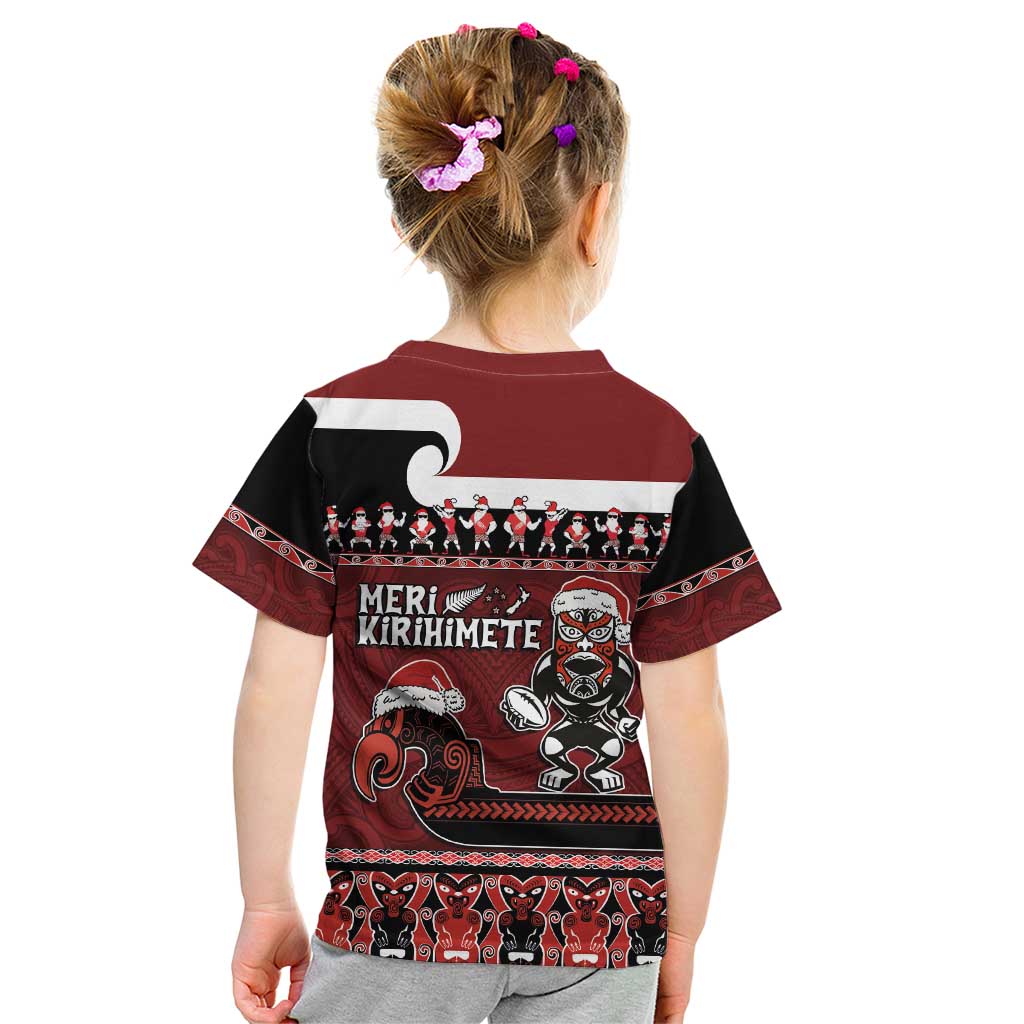 New Zealand Christmas Kid T Shirt Meri Kirihimete Aotearoa Warrior on Waka with Maori Art Tattoo LT03 - Polynesian Pride