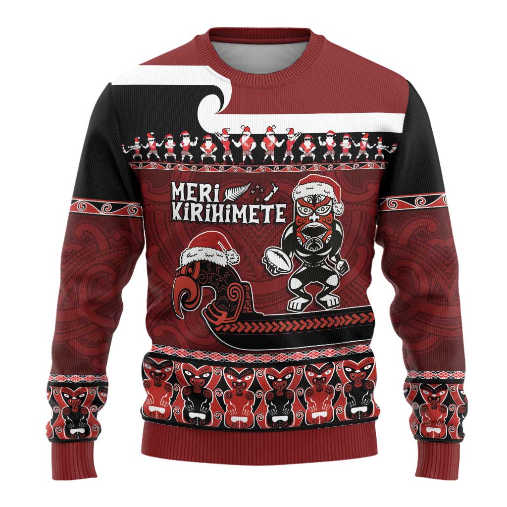 New Zealand Christmas Ugly Christmas Sweater - Meri Kirihimete Aotearoa Warrior on Waka with Maori Art Tattoo LT03 - Polynesian Pride