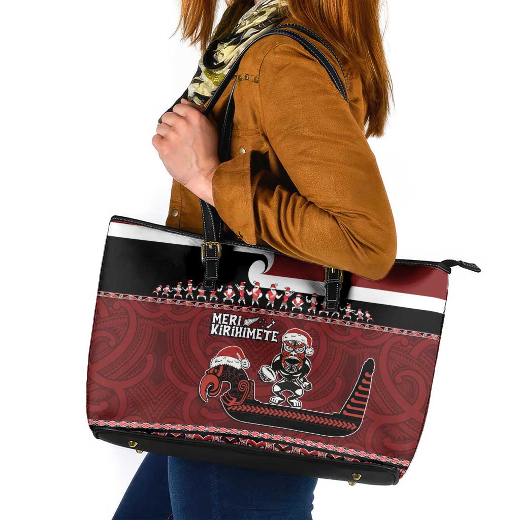 New Zealand Christmas Leather Tote Bag Meri Kirihimete Aotearoa Warrior on Waka with Maori Art Tattoo LT03 Red - Polynesian Pride