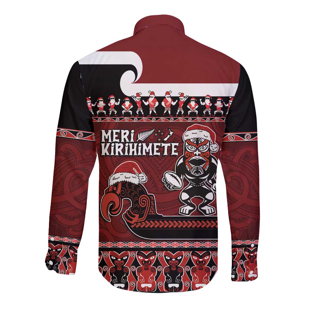 New Zealand Christmas Long Sleeve Button Shirt Meri Kirihimete Aotearoa Warrior on Waka with Maori Art Tattoo LT03 - Polynesian Pride