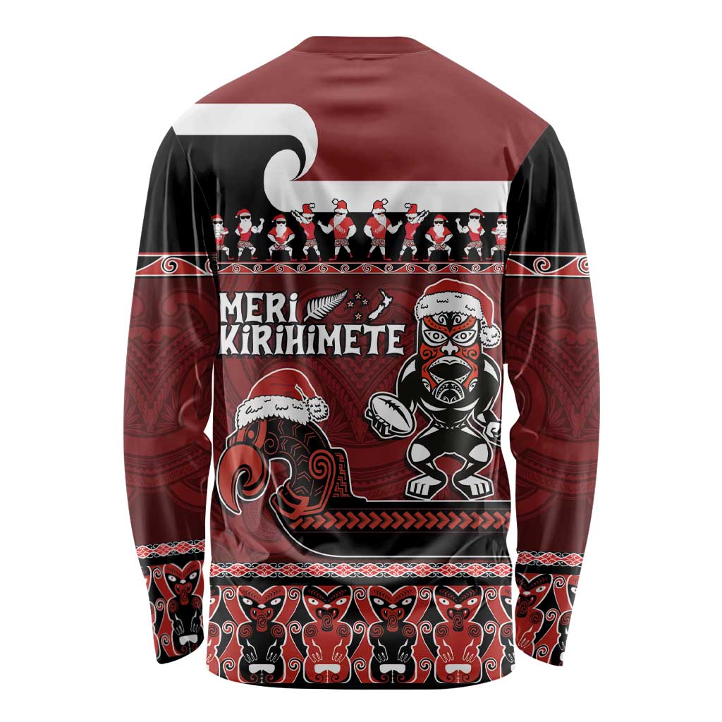 New Zealand Christmas Long Sleeve Shirt Meri Kirihimete Aotearoa Warrior on Waka with Maori Art Tattoo LT03 - Polynesian Pride
