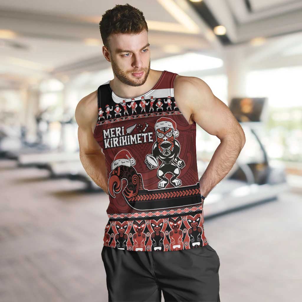 New Zealand Christmas Men Tank Top Meri Kirihimete Aotearoa Warrior on Waka with Maori Art Tattoo LT03 Red - Polynesian Pride