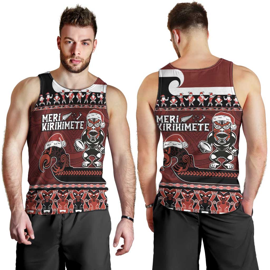 New Zealand Christmas Men Tank Top Meri Kirihimete Aotearoa Warrior on Waka with Maori Art Tattoo LT03 - Polynesian Pride