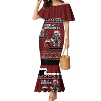 New Zealand Christmas Mermaid Dress Meri Kirihimete Aotearoa Warrior on Waka with Maori Art Tattoo LT03 Women Red - Polynesian Pride