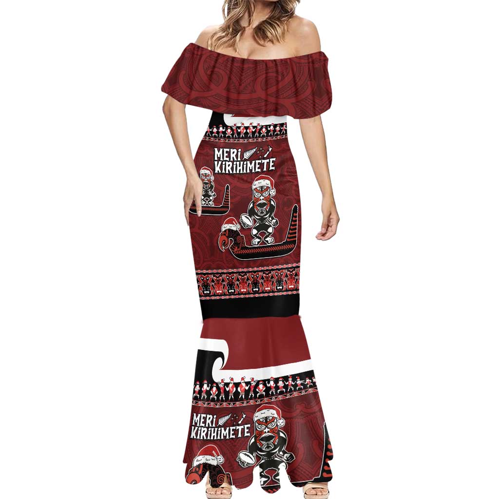 New Zealand Christmas Mermaid Dress Meri Kirihimete Aotearoa Warrior on Waka with Maori Art Tattoo LT03 - Polynesian Pride