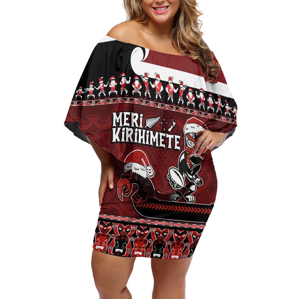New Zealand Christmas Off Shoulder Short Dress Meri Kirihimete Aotearoa Warrior on Waka with Maori Art Tattoo LT03 Women Red - Polynesian Pride