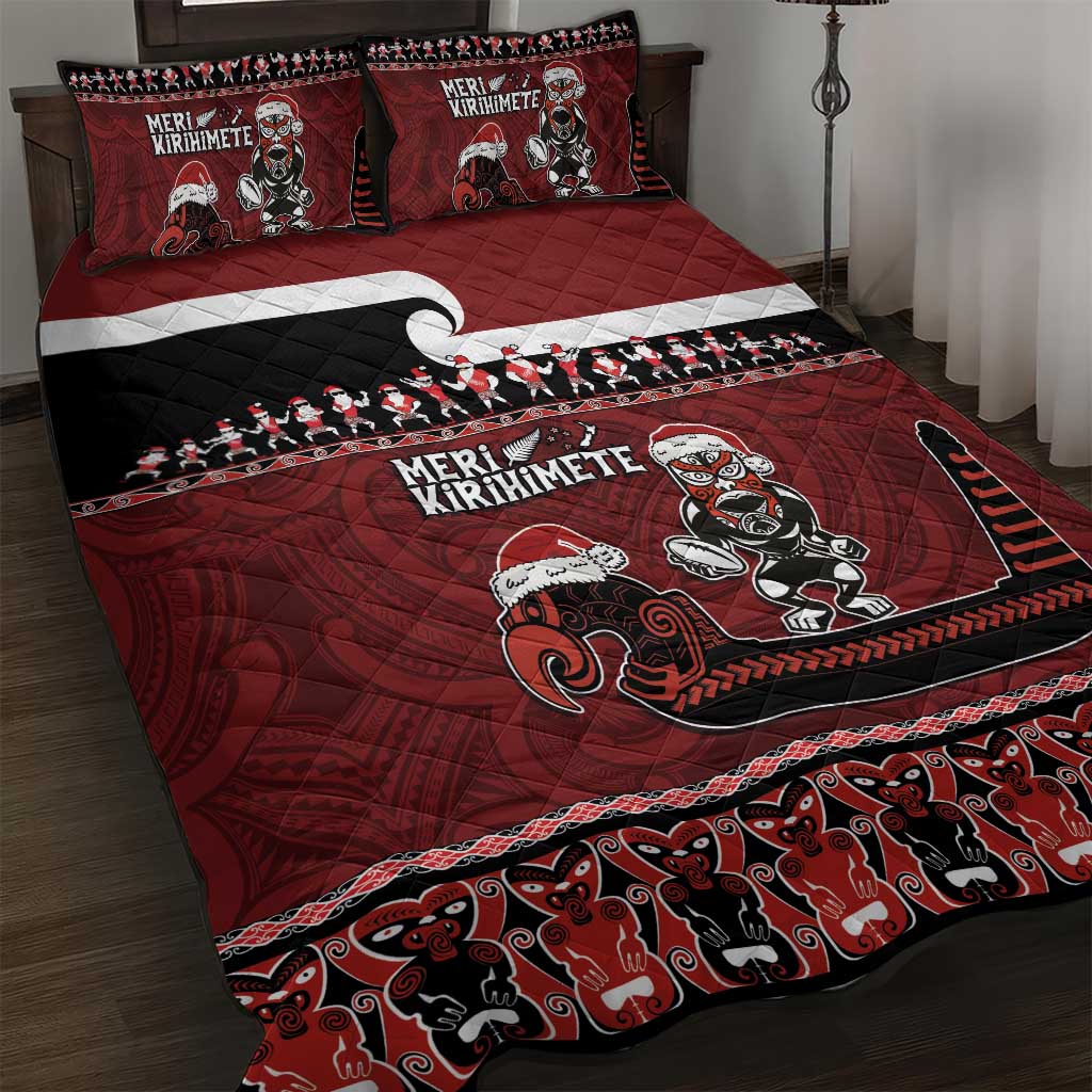 New Zealand Christmas Quilt Bed Set Meri Kirihimete Aotearoa Warrior on Waka with Maori Art Tattoo LT03 Red - Polynesian Pride