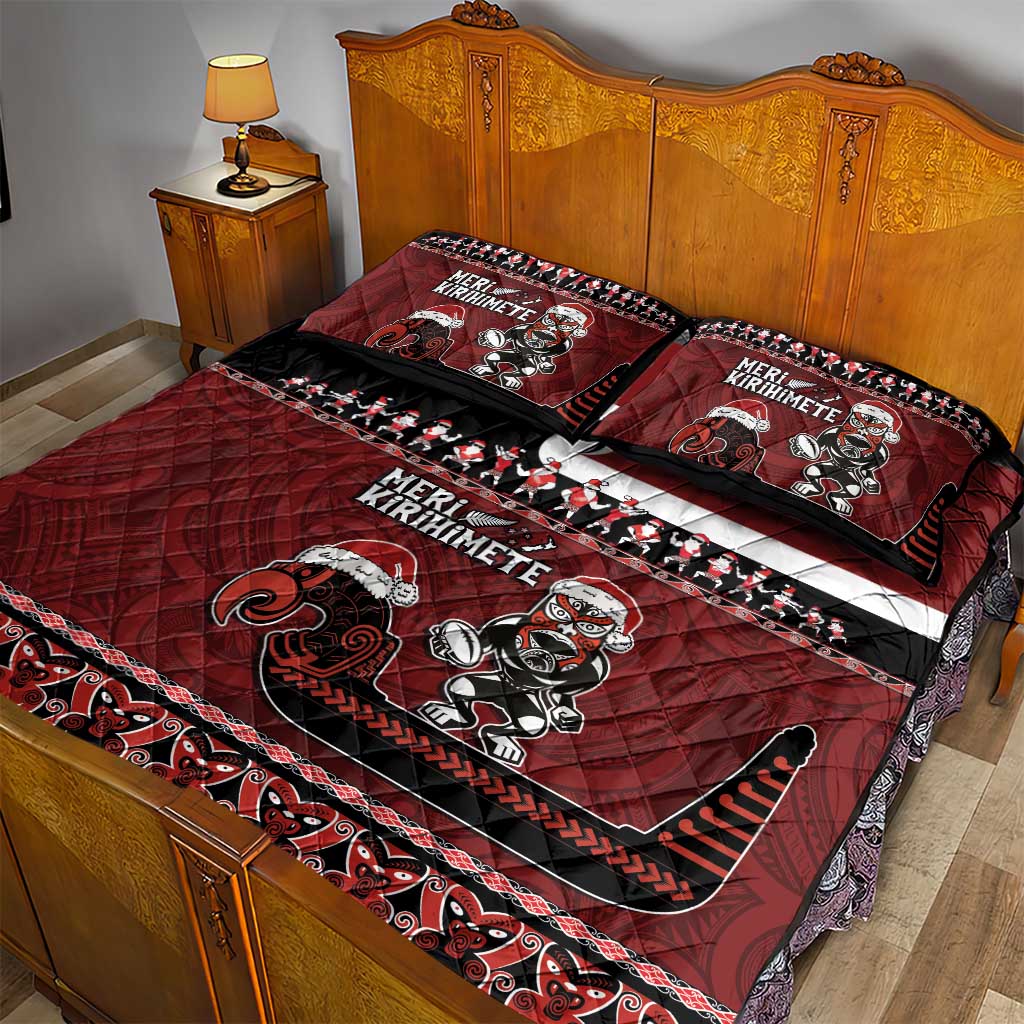 New Zealand Christmas Quilt Bed Set Meri Kirihimete Aotearoa Warrior on Waka with Maori Art Tattoo LT03 - Polynesian Pride