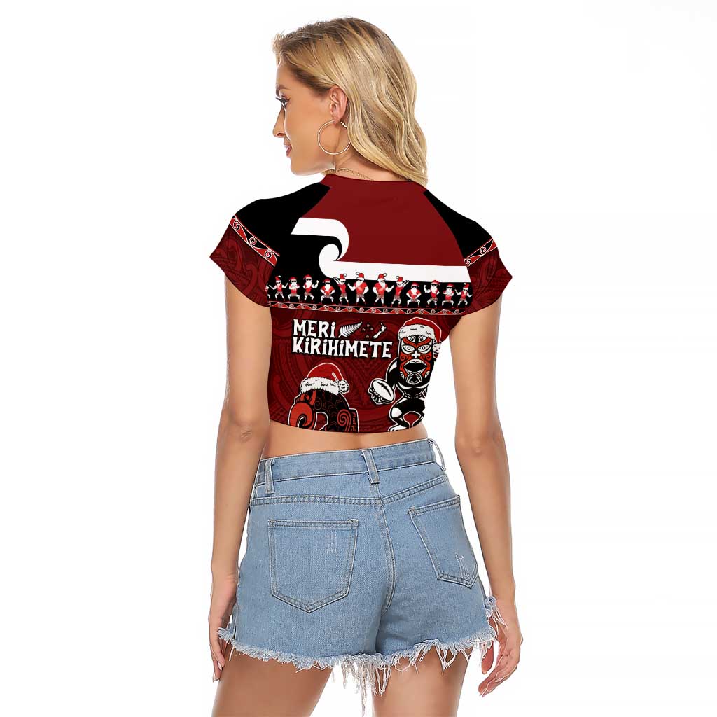 New Zealand Christmas Raglan Cropped T Shirt Meri Kirihimete Aotearoa Warrior on Waka with Maori Art Tattoo LT03 - Polynesian Pride