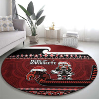 New Zealand Christmas Round Carpet Meri Kirihimete Aotearoa Warrior on Waka with Maori Art Tattoo LT03 - Polynesian Pride