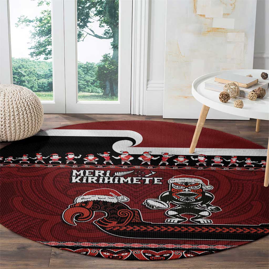 New Zealand Christmas Round Carpet Meri Kirihimete Aotearoa Warrior on Waka with Maori Art Tattoo LT03 - Polynesian Pride