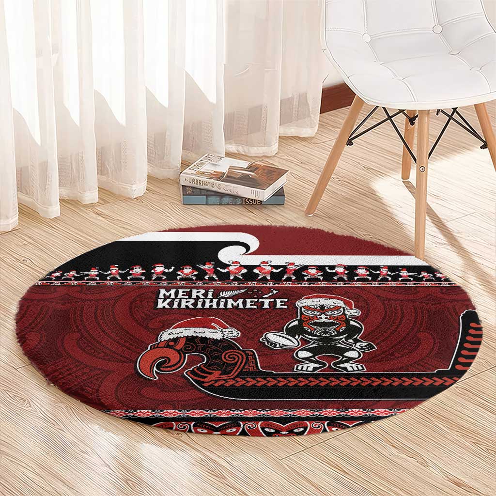 New Zealand Christmas Round Carpet Meri Kirihimete Aotearoa Warrior on Waka with Maori Art Tattoo LT03 - Polynesian Pride