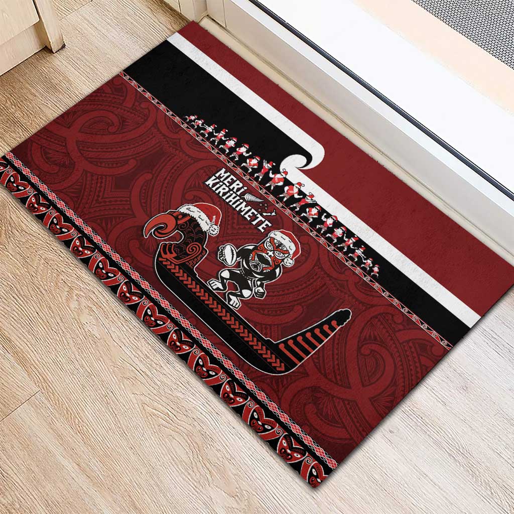 New Zealand Christmas Rubber Doormat Meri Kirihimete Aotearoa Warrior on Waka with Maori Art Tattoo LT03 - Polynesian Pride