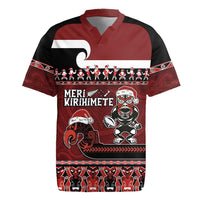 New Zealand Christmas Rugby Jersey Meri Kirihimete Aotearoa Warrior on Waka with Maori Art Tattoo LT03 Red - Polynesian Pride