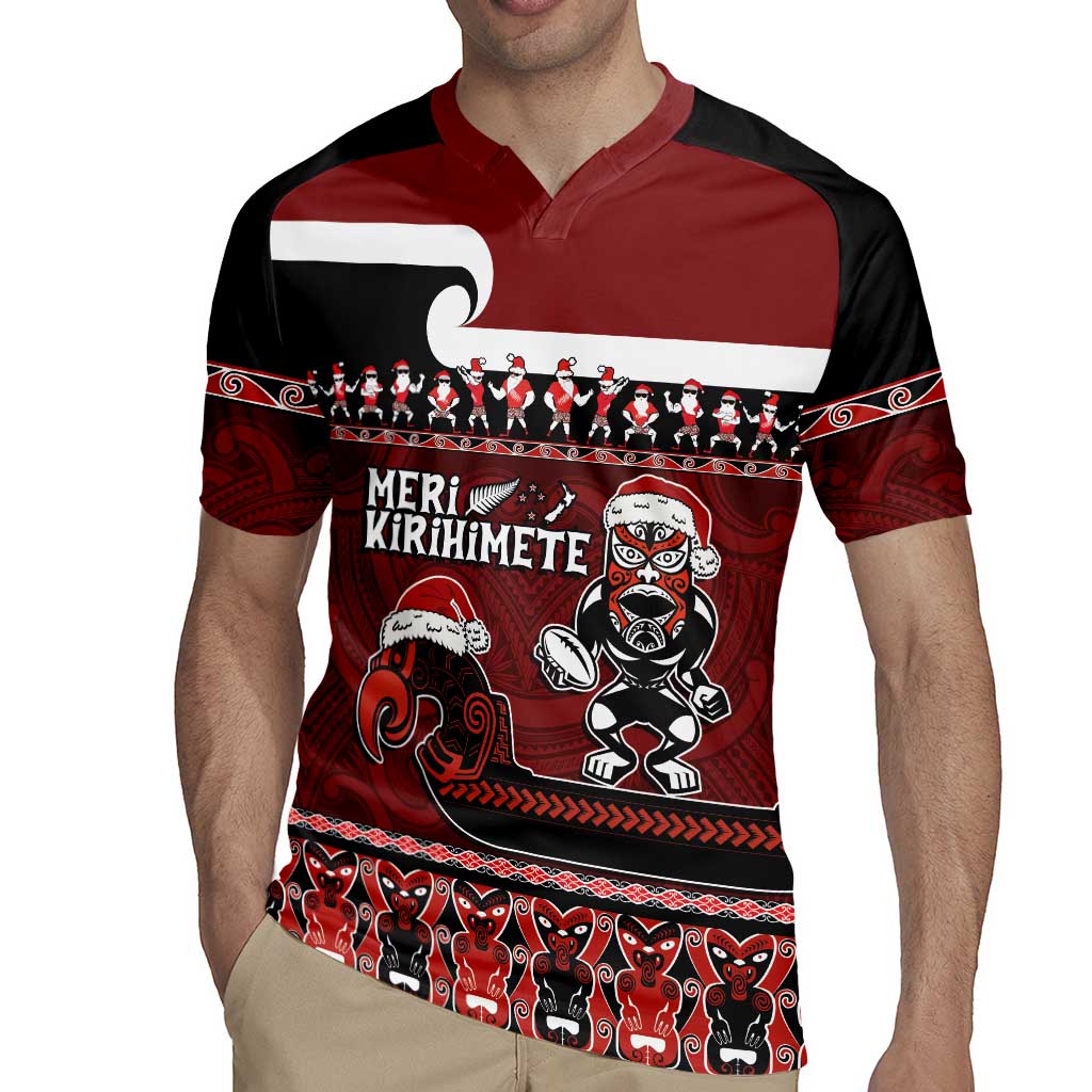 New Zealand Christmas Rugby Jersey Meri Kirihimete Aotearoa Warrior on Waka with Maori Art Tattoo LT03 - Polynesian Pride