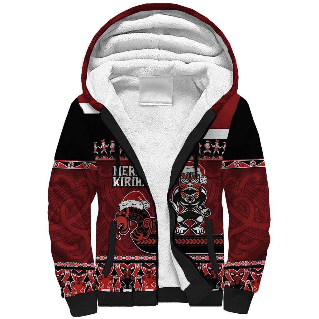 New Zealand Christmas Sherpa Hoodie Meri Kirihimete Aotearoa Warrior on Waka with Maori Art Tattoo LT03 Unisex Red - Polynesian Pride