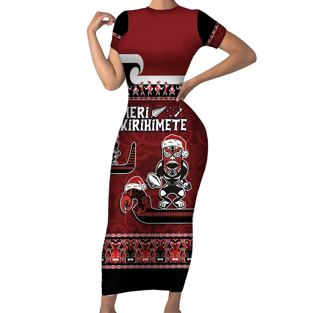 New Zealand Christmas Short Sleeve Bodycon Dress Meri Kirihimete Aotearoa Warrior on Waka with Maori Art Tattoo LT03 Long Dress Red - Polynesian Pride