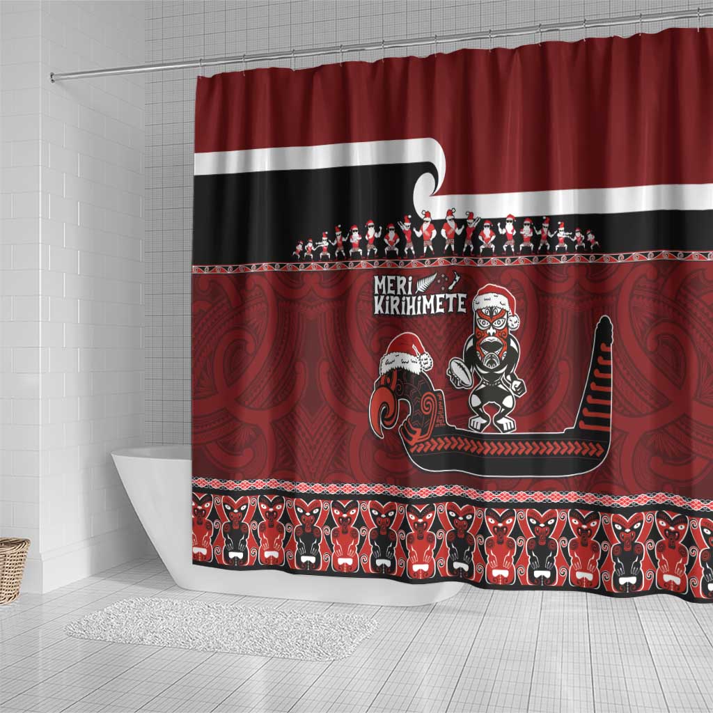 New Zealand Christmas Shower Curtain Meri Kirihimete Aotearoa Warrior on Waka with Maori Art Tattoo LT03 - Polynesian Pride