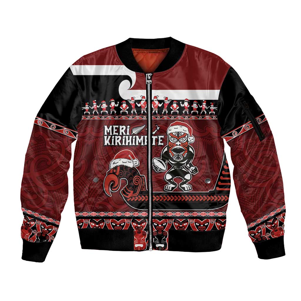 New Zealand Christmas Sleeve Zip Bomber Jacket Meri Kirihimete Aotearoa Warrior on Waka with Maori Art Tattoo LT03 Unisex Red - Polynesian Pride
