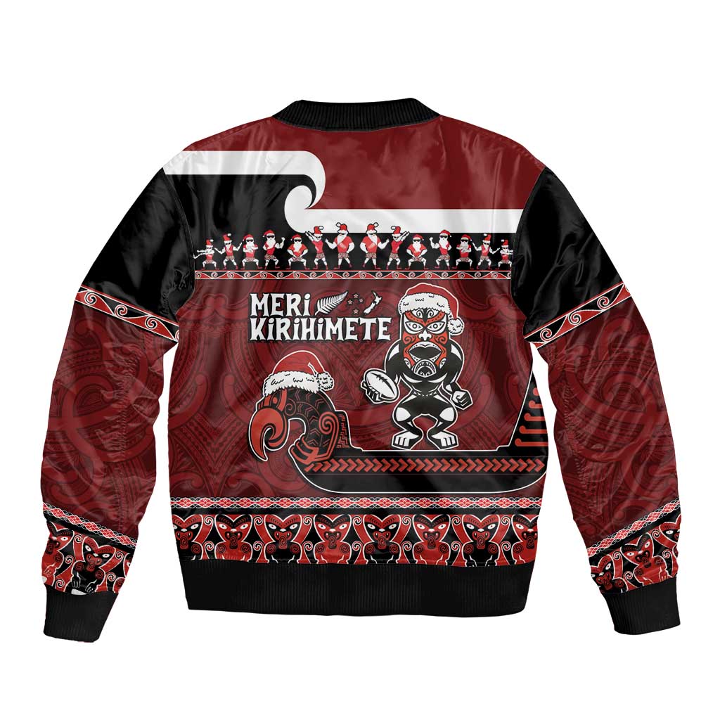 New Zealand Christmas Sleeve Zip Bomber Jacket Meri Kirihimete Aotearoa Warrior on Waka with Maori Art Tattoo LT03 - Polynesian Pride