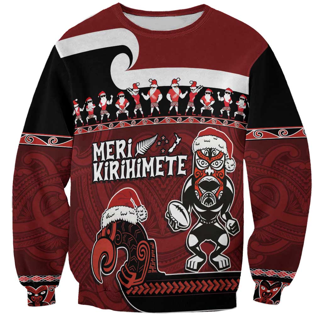 New Zealand Christmas Sweatshirt Meri Kirihimete Aotearoa Warrior on Waka with Maori Art Tattoo LT03 Unisex Red - Polynesian Pride