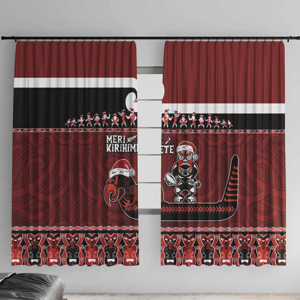 New Zealand Christmas Window Curtain Meri Kirihimete Aotearoa Warrior on Waka with Maori Art Tattoo LT03 With Hooks Red - Polynesian Pride