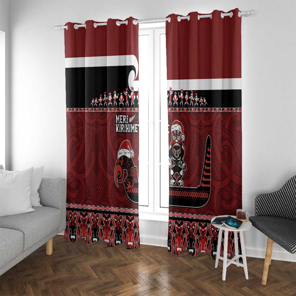 New Zealand Christmas Window Curtain Meri Kirihimete Aotearoa Warrior on Waka with Maori Art Tattoo LT03 With Grommets Red - Polynesian Pride