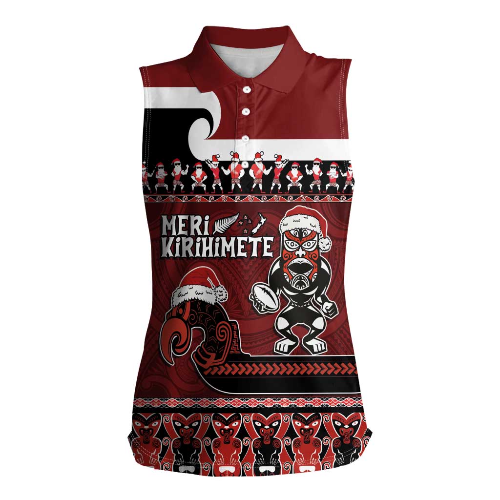 New Zealand Christmas Women Sleeveless Polo Shirt Meri Kirihimete Aotearoa Warrior on Waka with Maori Art Tattoo LT03 Female Red - Polynesian Pride