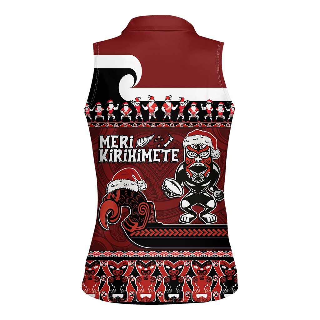 New Zealand Christmas Women Sleeveless Polo Shirt Meri Kirihimete Aotearoa Warrior on Waka with Maori Art Tattoo LT03 - Polynesian Pride