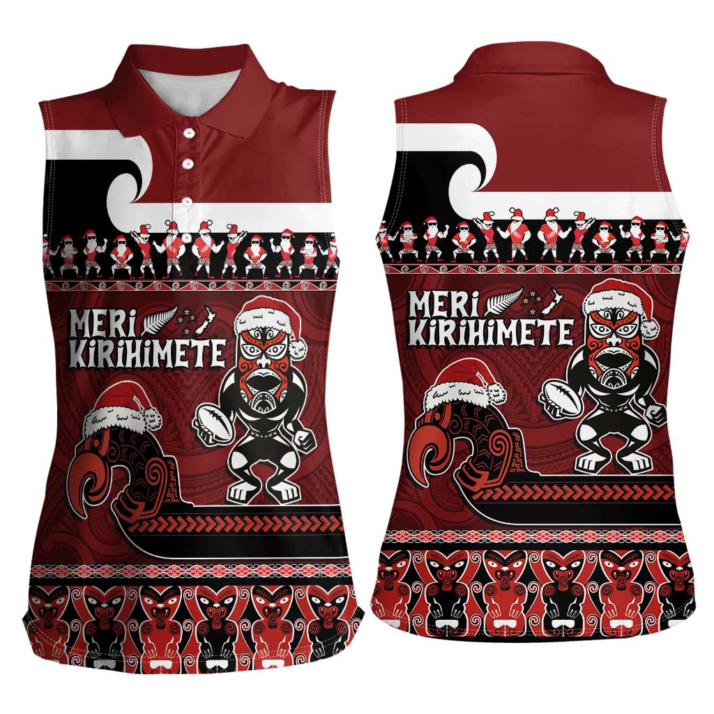 New Zealand Christmas Women Sleeveless Polo Shirt Meri Kirihimete Aotearoa Warrior on Waka with Maori Art Tattoo LT03 - Polynesian Pride