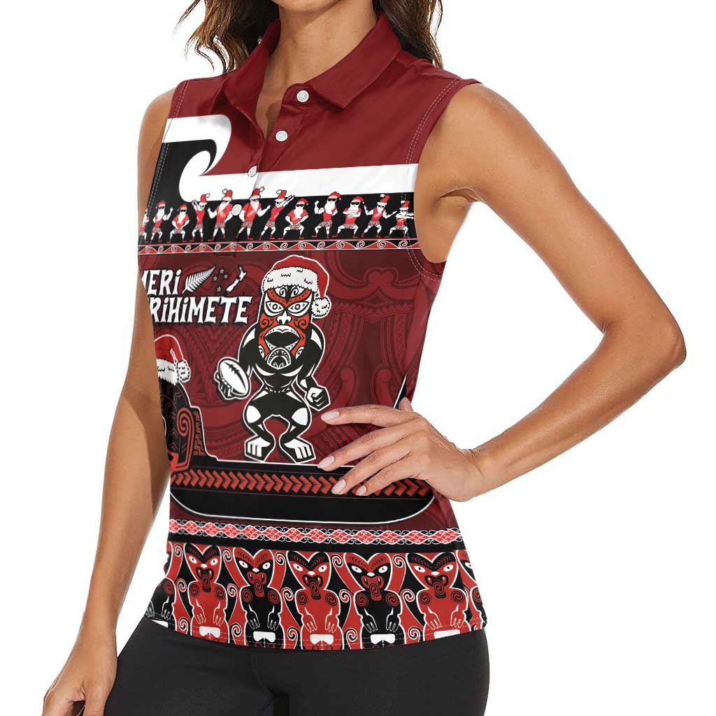 New Zealand Christmas Women Sleeveless Polo Shirt Meri Kirihimete Aotearoa Warrior on Waka with Maori Art Tattoo LT03 - Polynesian Pride