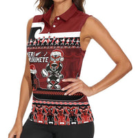 New Zealand Christmas Women Sleeveless Polo Shirt Meri Kirihimete Aotearoa Warrior on Waka with Maori Art Tattoo LT03 - Polynesian Pride
