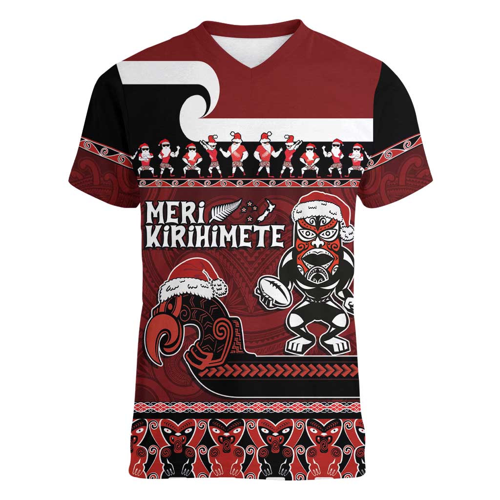 New Zealand Christmas Women V-Neck T-Shirt Meri Kirihimete Aotearoa Warrior on Waka with Maori Art Tattoo LT03 Female Red - Polynesian Pride