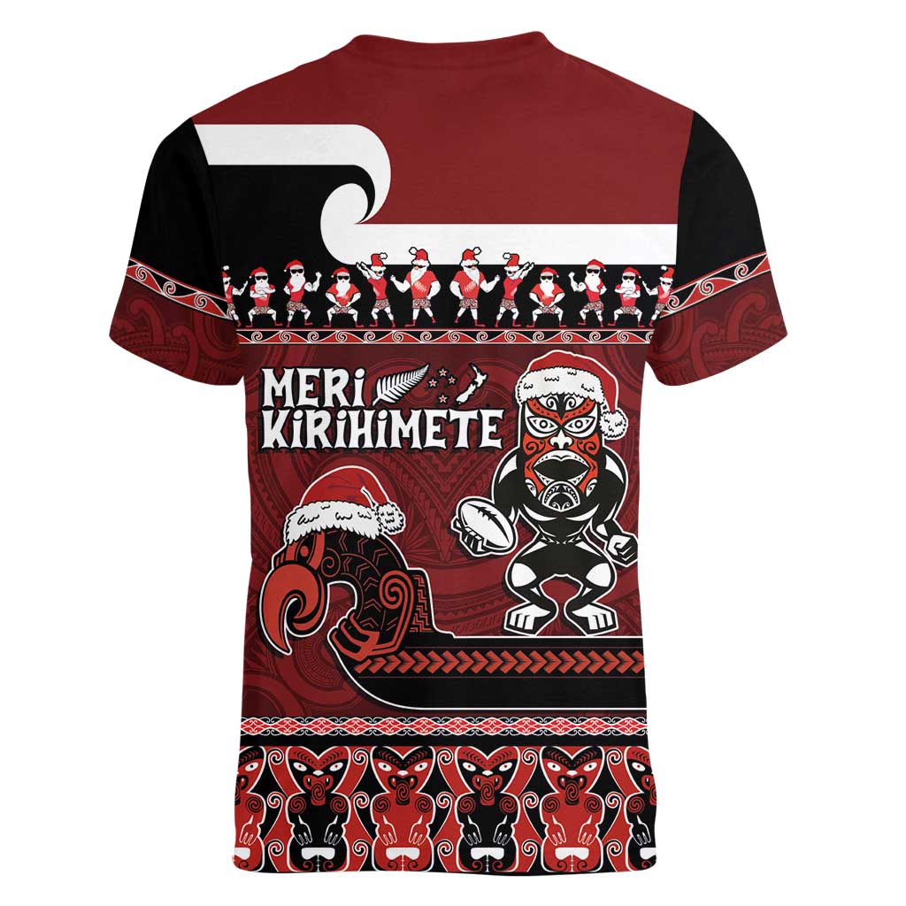 New Zealand Christmas Women V-Neck T-Shirt Meri Kirihimete Aotearoa Warrior on Waka with Maori Art Tattoo LT03 - Polynesian Pride