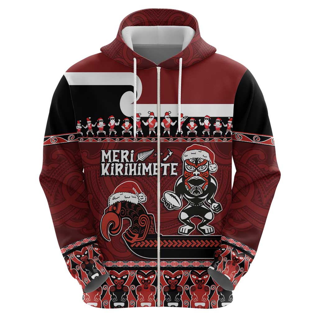 New Zealand Christmas Zip Hoodie Meri Kirihimete Aotearoa Warrior on Waka with Maori Art Tattoo LT03 - Polynesian Pride
