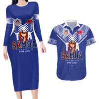 Toa Samoa Rugby Couples Matching Long Sleeve Bodycon Dress and Hawaiian Shirt Six Eight Five to The World LT03 Blue - Polynesian Pride