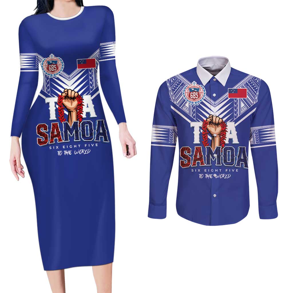 Toa Samoa Rugby Couples Matching Long Sleeve Bodycon Dress and Long Sleeve Button Shirt Six Eight Five to The World LT03 Blue - Polynesian Pride
