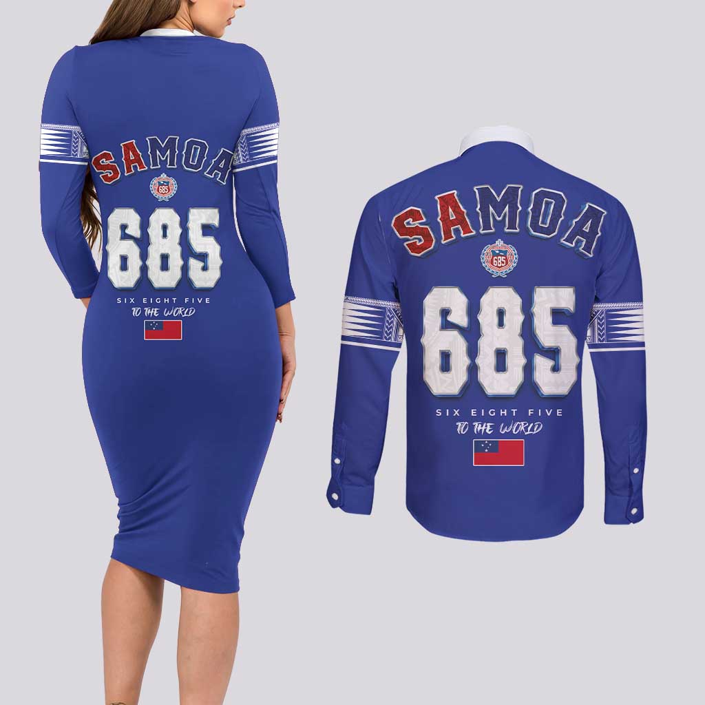 Toa Samoa Rugby Couples Matching Long Sleeve Bodycon Dress and Long Sleeve Button Shirt Six Eight Five to The World LT03 - Polynesian Pride