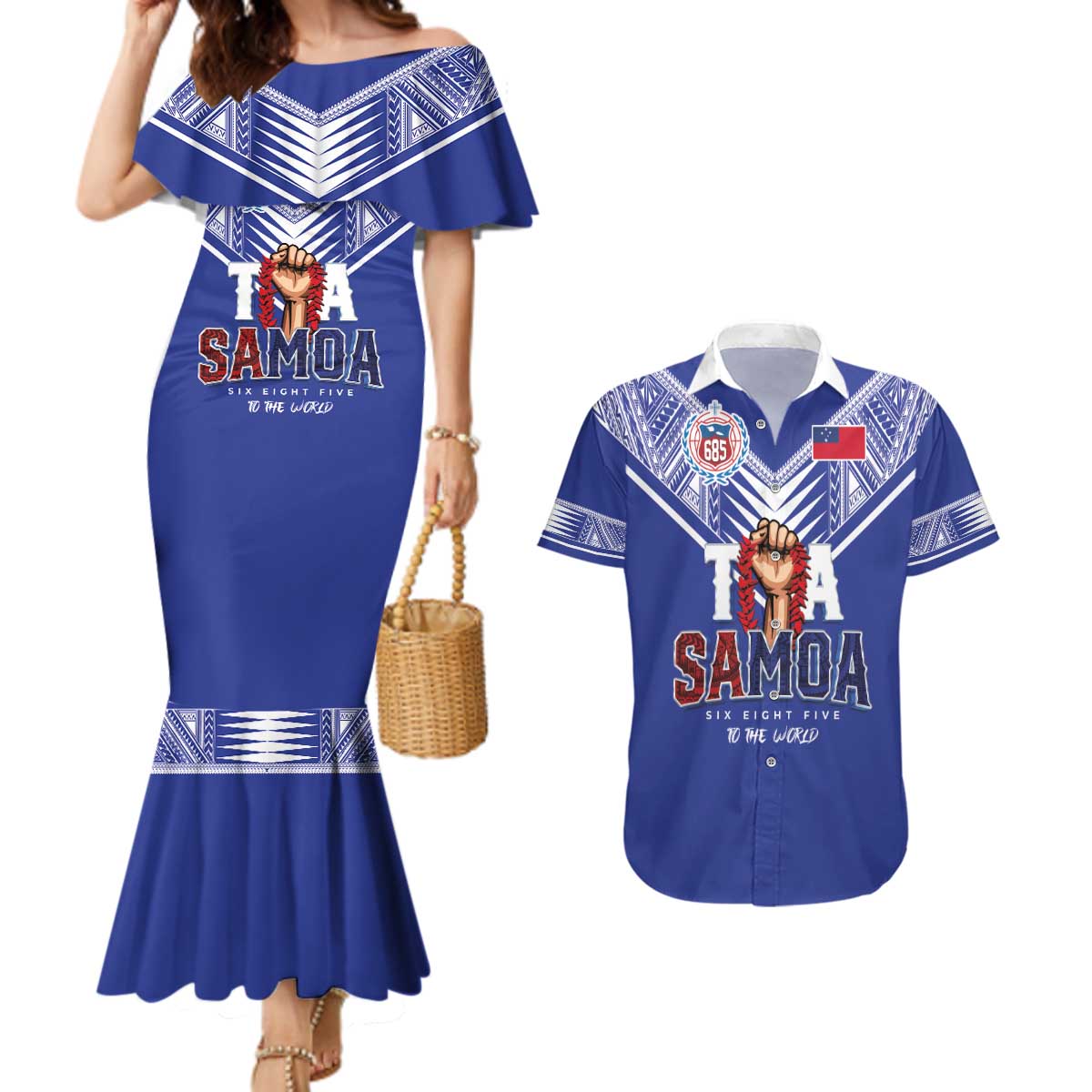 Toa Samoa Rugby Couples Matching Mermaid Dress and Hawaiian Shirt Six Eight Five to The World LT03 Blue - Polynesian Pride