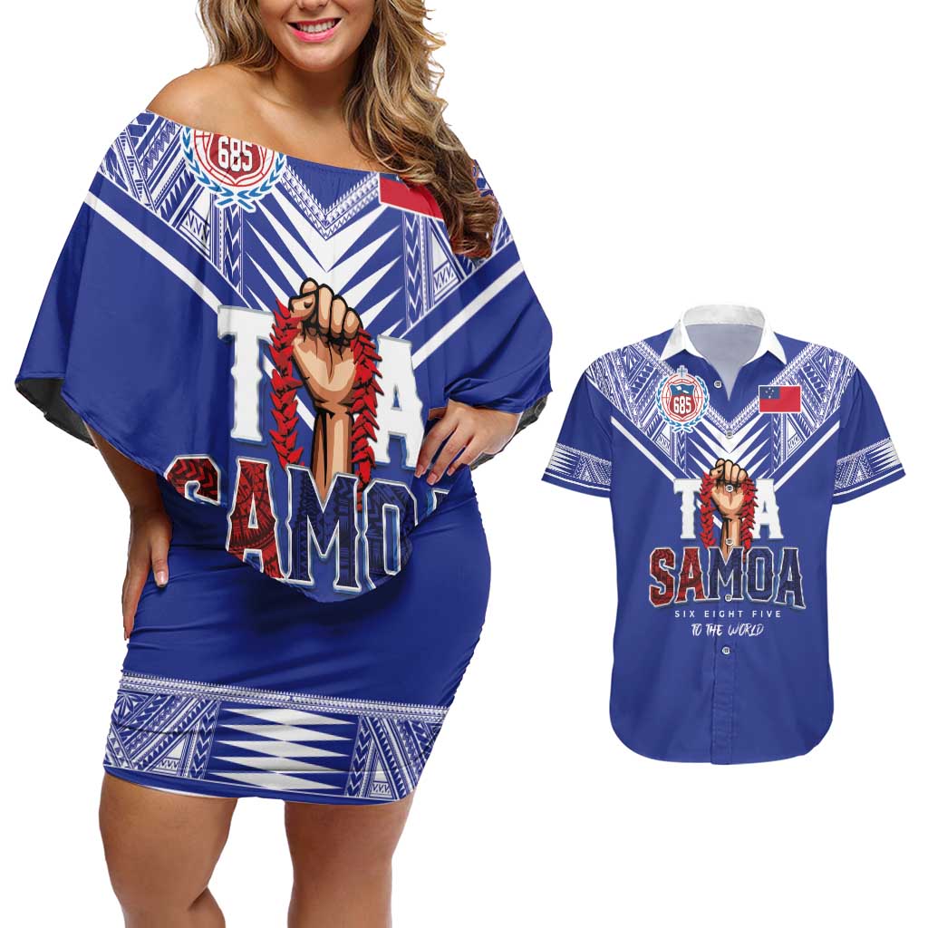 Toa Samoa Rugby Couples Matching Off Shoulder Short Dress and Hawaiian Shirt Six Eight Five to The World LT03 Blue - Polynesian Pride