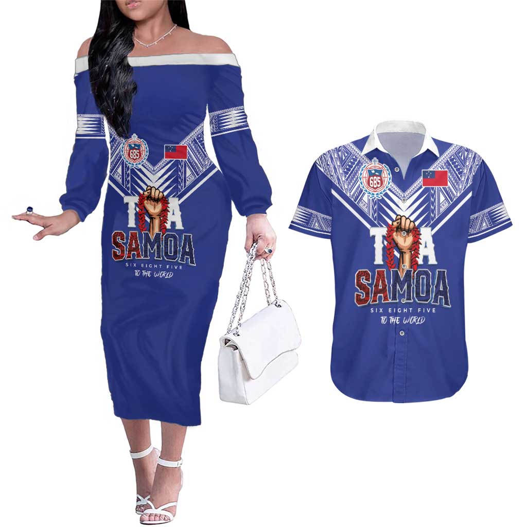 Toa Samoa Rugby Couples Matching Off The Shoulder Long Sleeve Dress and Hawaiian Shirt Six Eight Five to The World LT03 Blue - Polynesian Pride