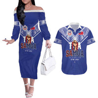 Toa Samoa Rugby Couples Matching Off The Shoulder Long Sleeve Dress and Hawaiian Shirt Six Eight Five to The World LT03 Blue - Polynesian Pride