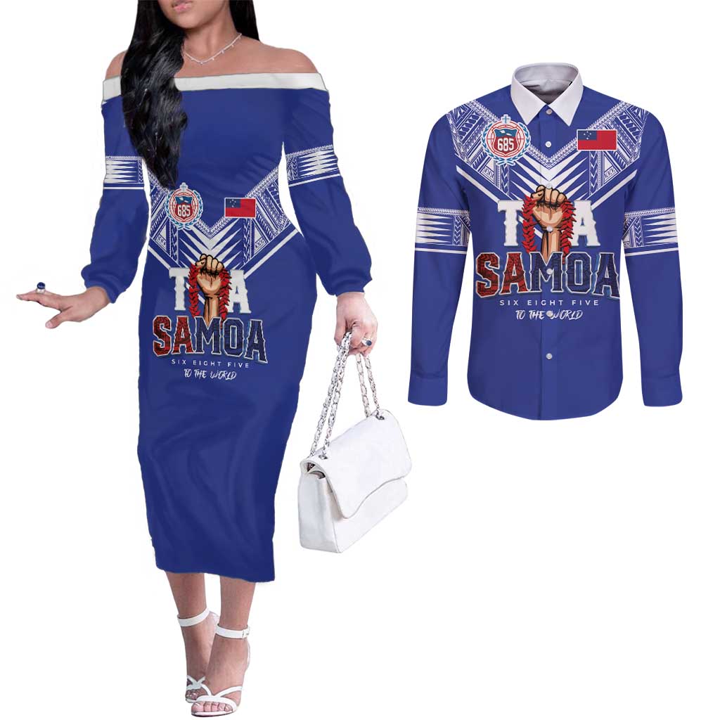 Toa Samoa Rugby Couples Matching Off The Shoulder Long Sleeve Dress and Long Sleeve Button Shirt Six Eight Five to The World LT03 Blue - Polynesian Pride
